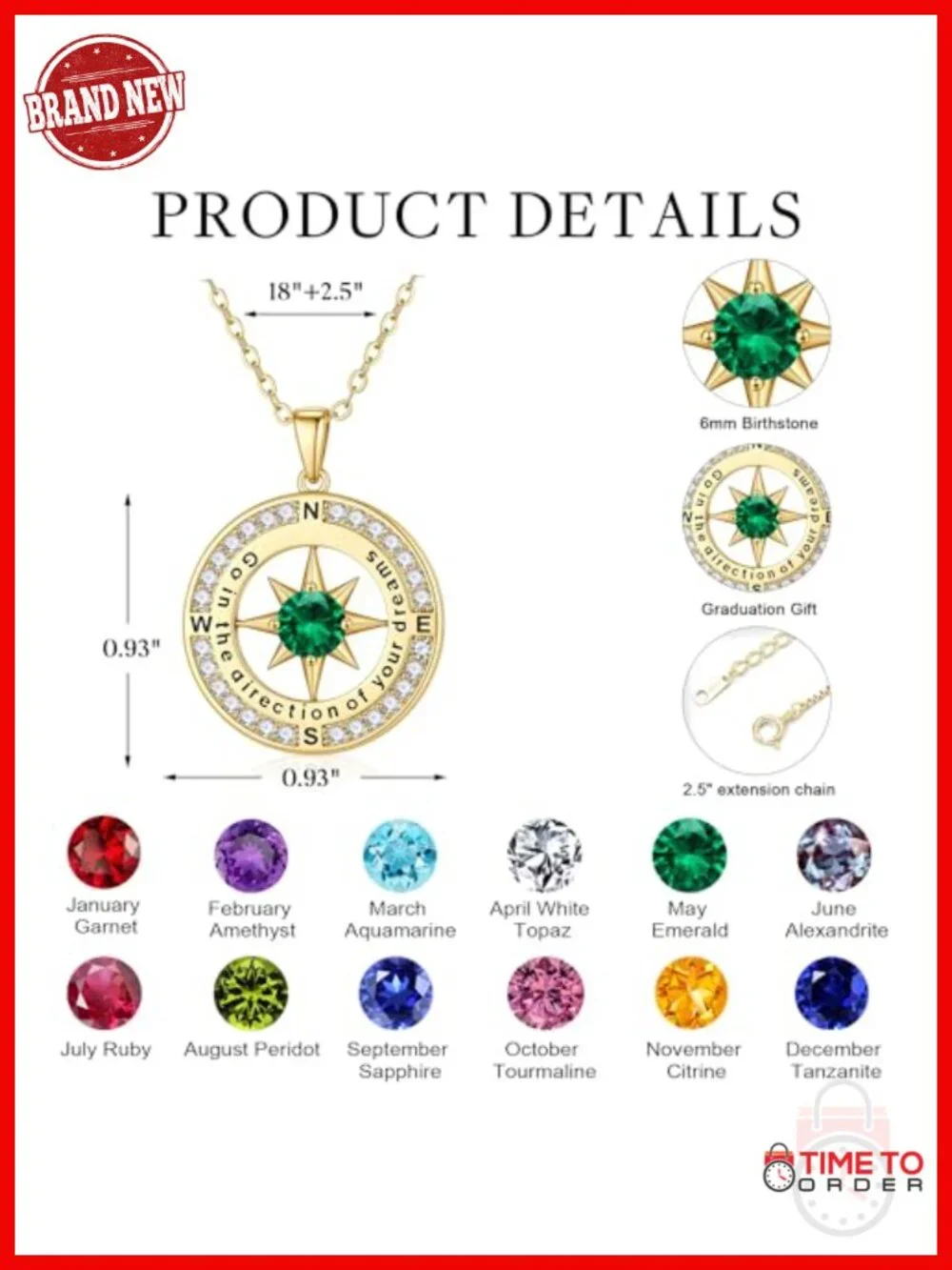 14K Gold Plated Compass Birthstone Necklace Graduation Gift